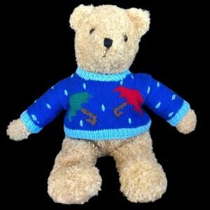 Vintage Ty Classic Bear Plush 1990 Curly Tan Blue Sweater w/ Umbrella Stuffed